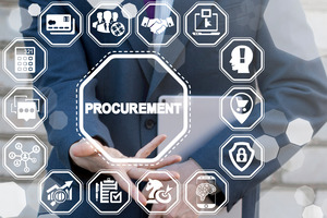 Procurement Business Concept: E-Procurement. Man offers procurement text icon on a virtual digital screen interface